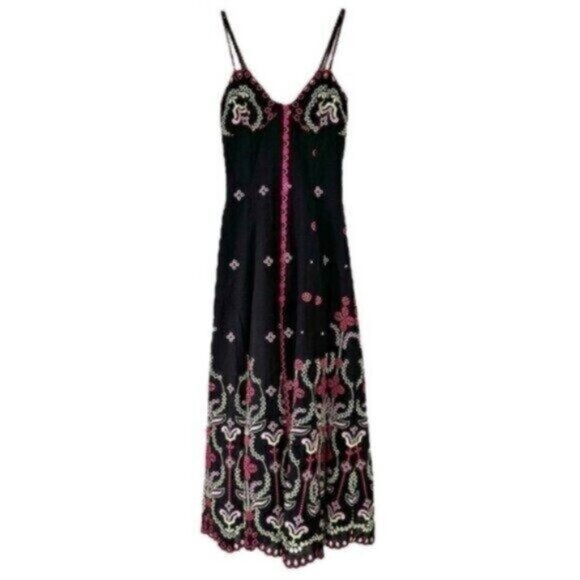 Charo Ruiz Mutti Black Floral Embroidered Eyelet Ibiza Midi Dress Size XS - Picture 4 of 14